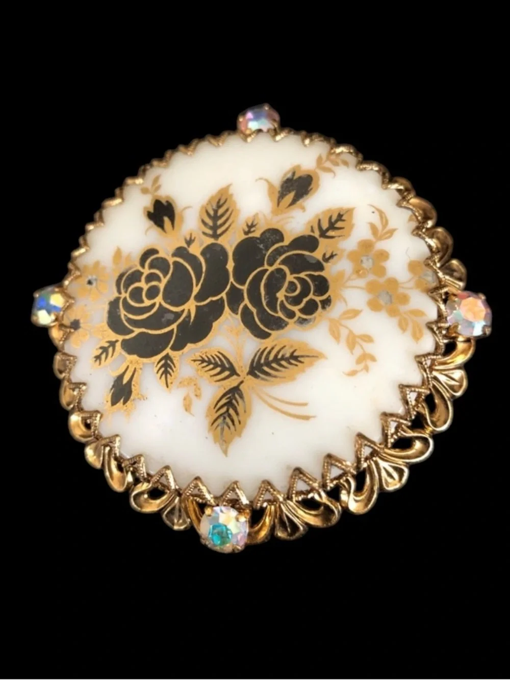 Large Vintage Rose Cameo w AB Crystals Brooch Pin